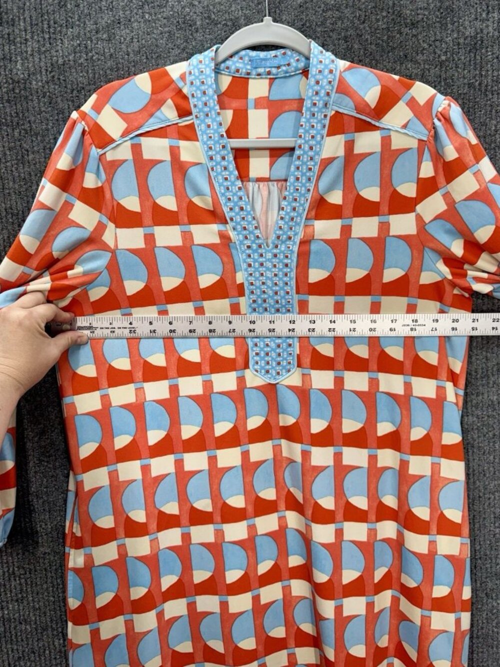 J McLaughlin Emer Shift Dress Women Large Blue Orange Coral Long Sleeve Pockets - Picture 11 of 12